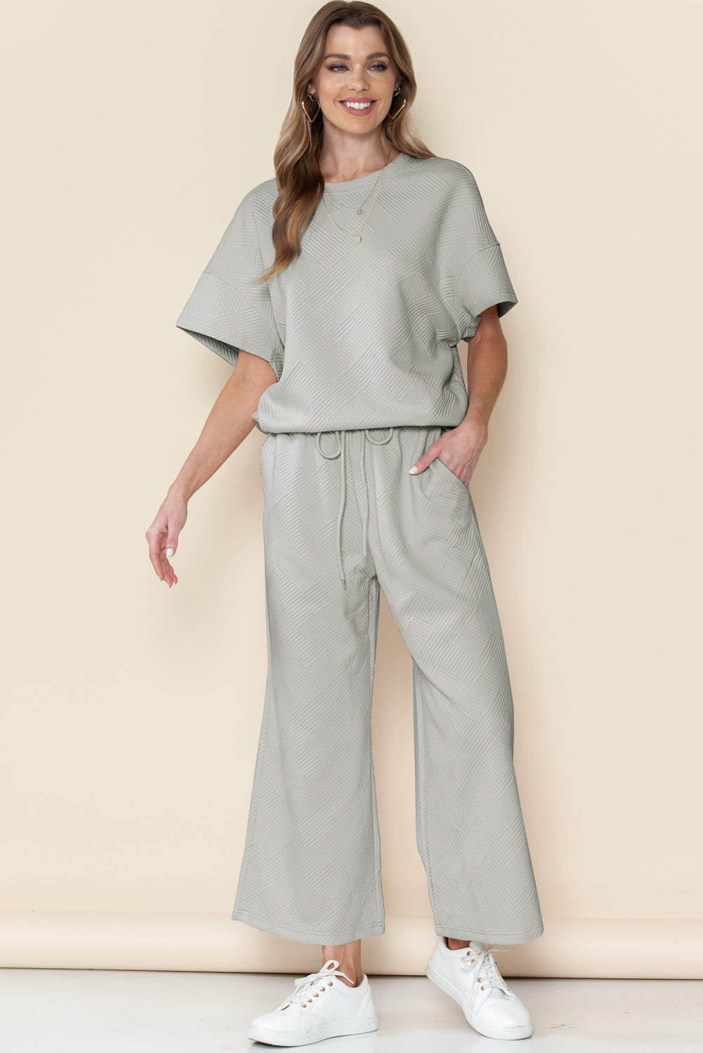 Apricot Textured Loose Fit T Shirt and Drawstring Pants Set