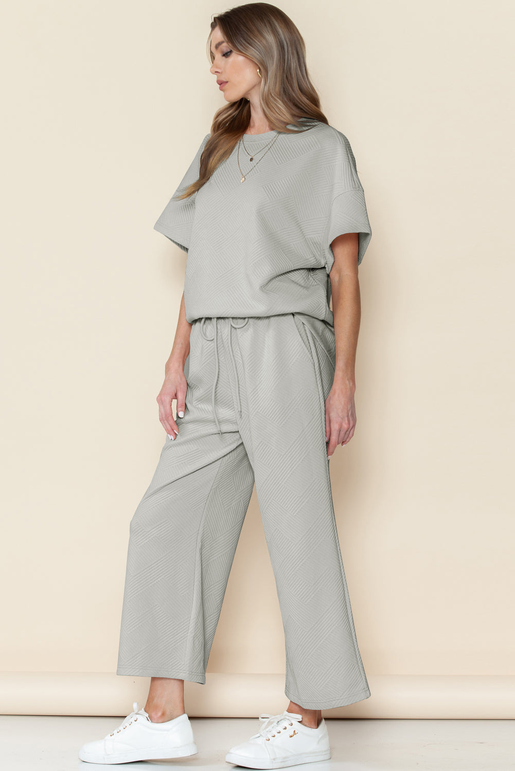 Apricot Textured Loose Fit T Shirt and Drawstring Pants Set