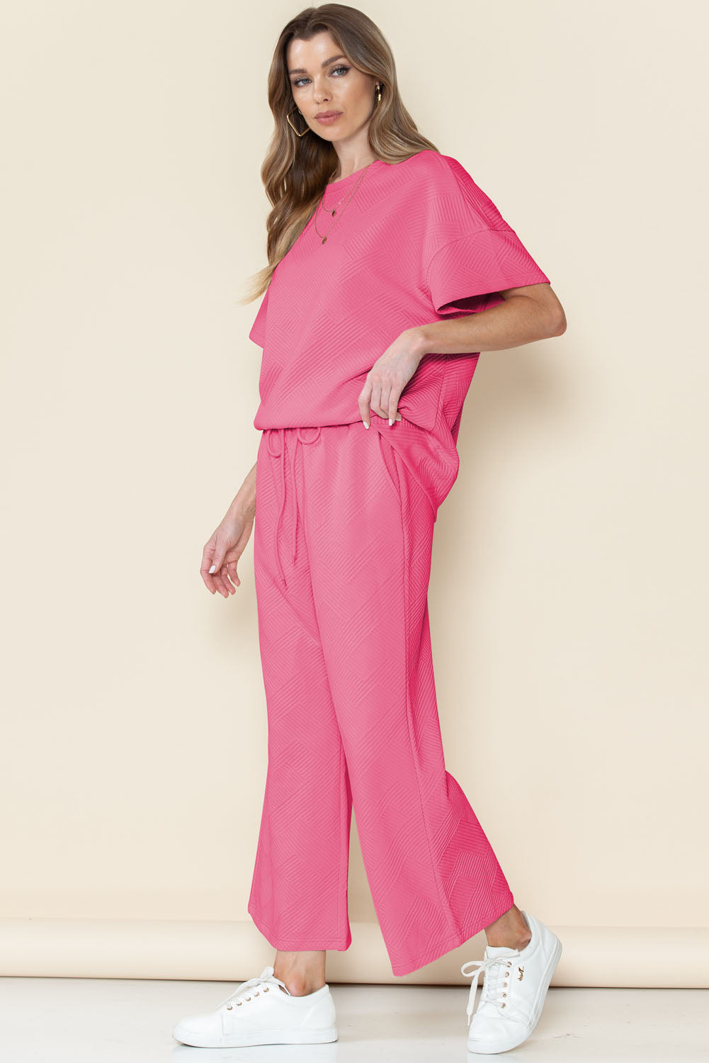 Apricot Textured Loose Fit T Shirt and Drawstring Pants Set