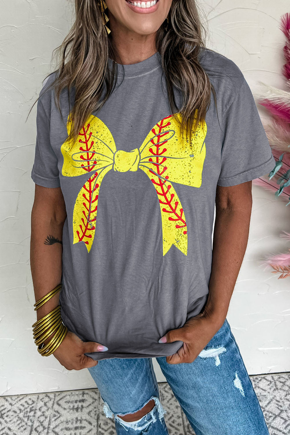 Black Baseball Bowknot Graphic Roll Up Sleeve Tee