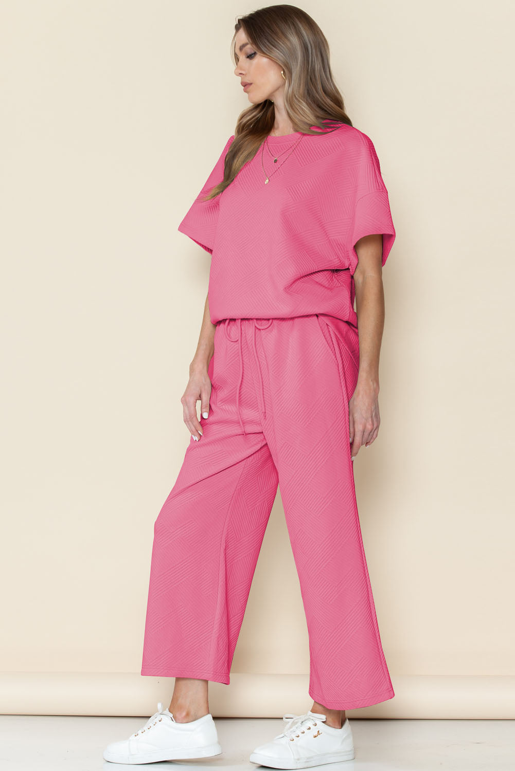 Apricot Textured Loose Fit T Shirt and Drawstring Pants Set