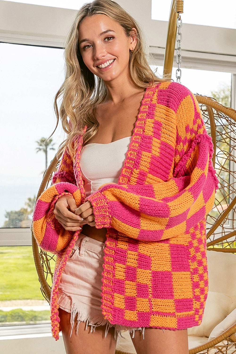 Dark Grey Colorblock Checked Loose Fit Open Front Knitted Cardigan