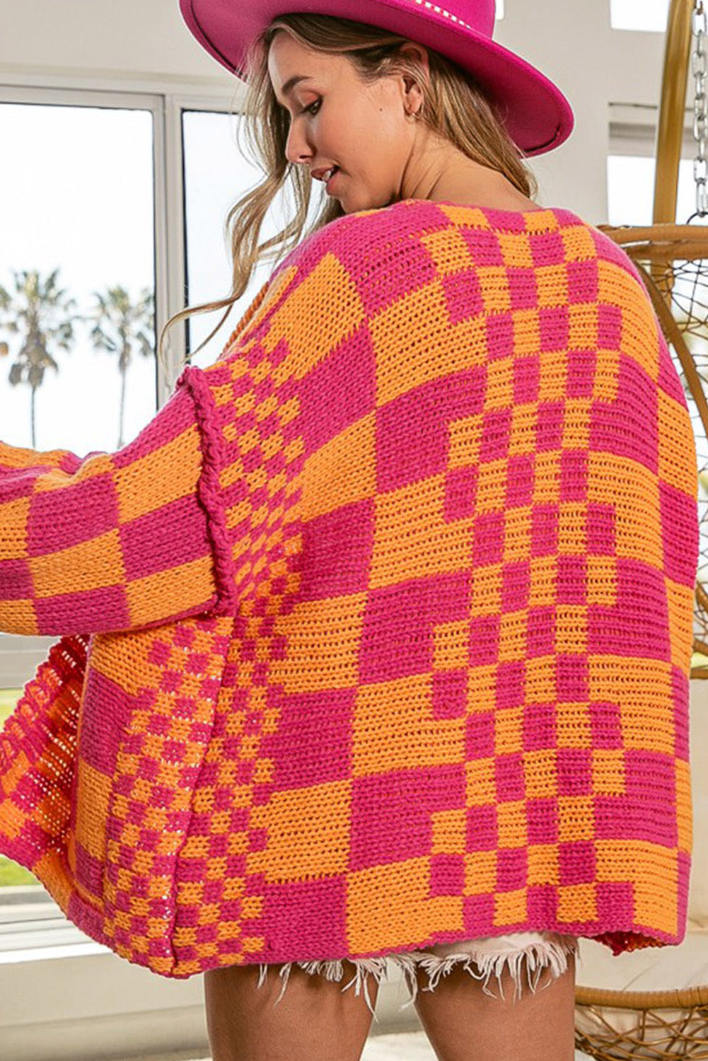 Dark Grey Colorblock Checked Loose Fit Open Front Knitted Cardigan