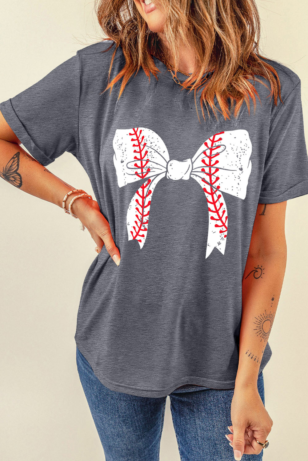 Black Baseball Bowknot Graphic Roll Up Sleeve Tee