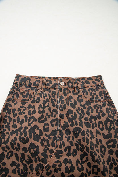 Brown Leopard Frayed Split Denim Midi Skirt