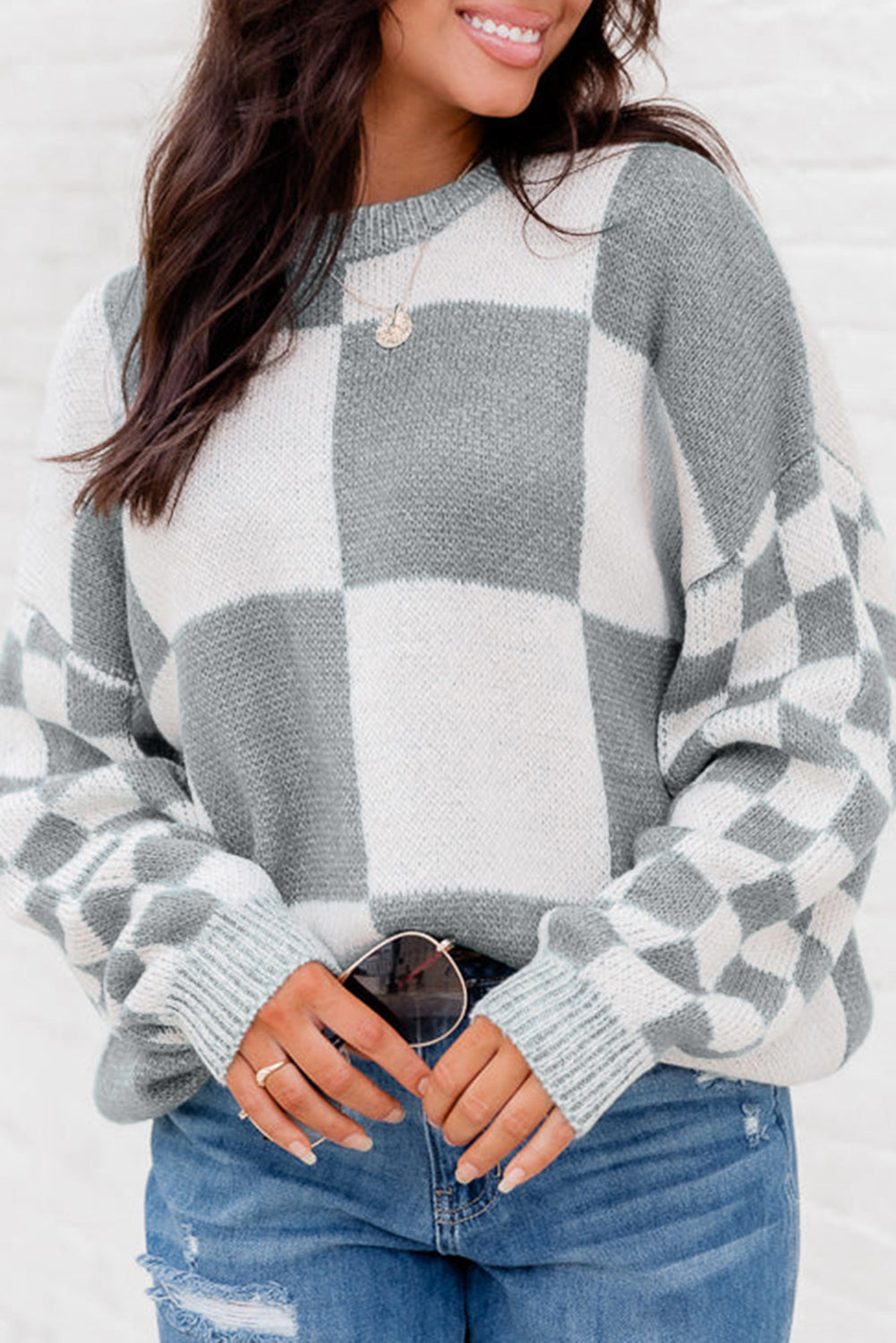 Grey Plaid Knitted Drop Shoulder Loose Fit Sweater