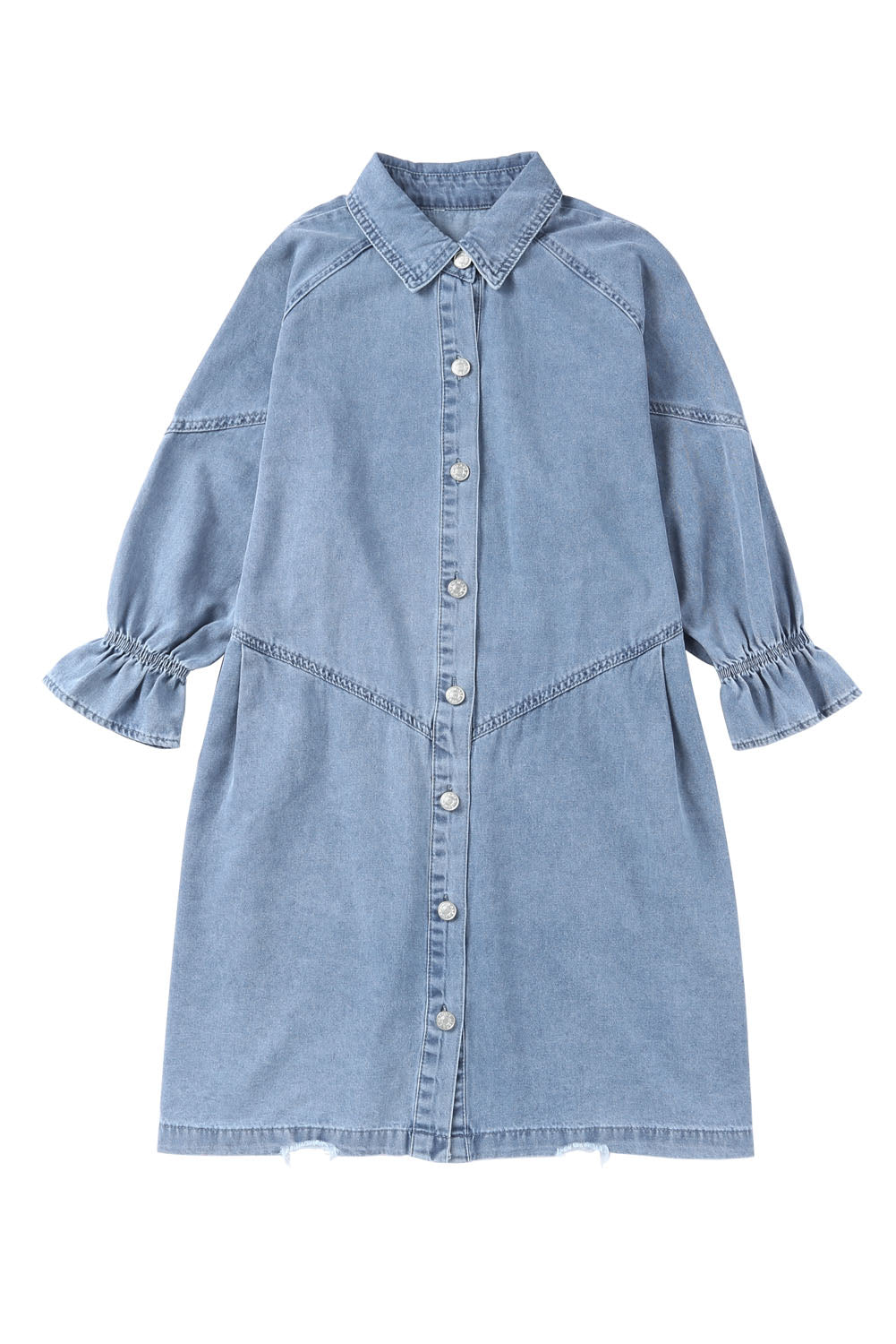 Gray Casual Buttoned Ruffle Cuffs Denim Short Dress