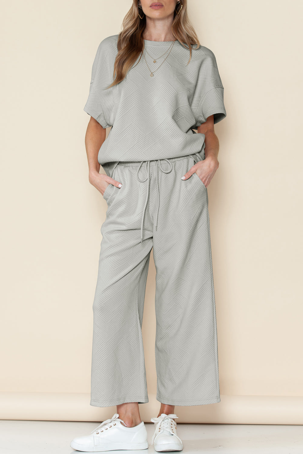 Apricot Textured Loose Fit T Shirt and Drawstring Pants Set