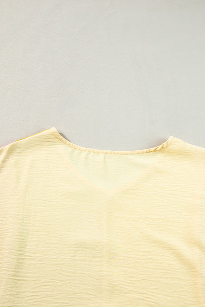 Apricot Crinkled Colorblock Patchwork V Neck T Shirt