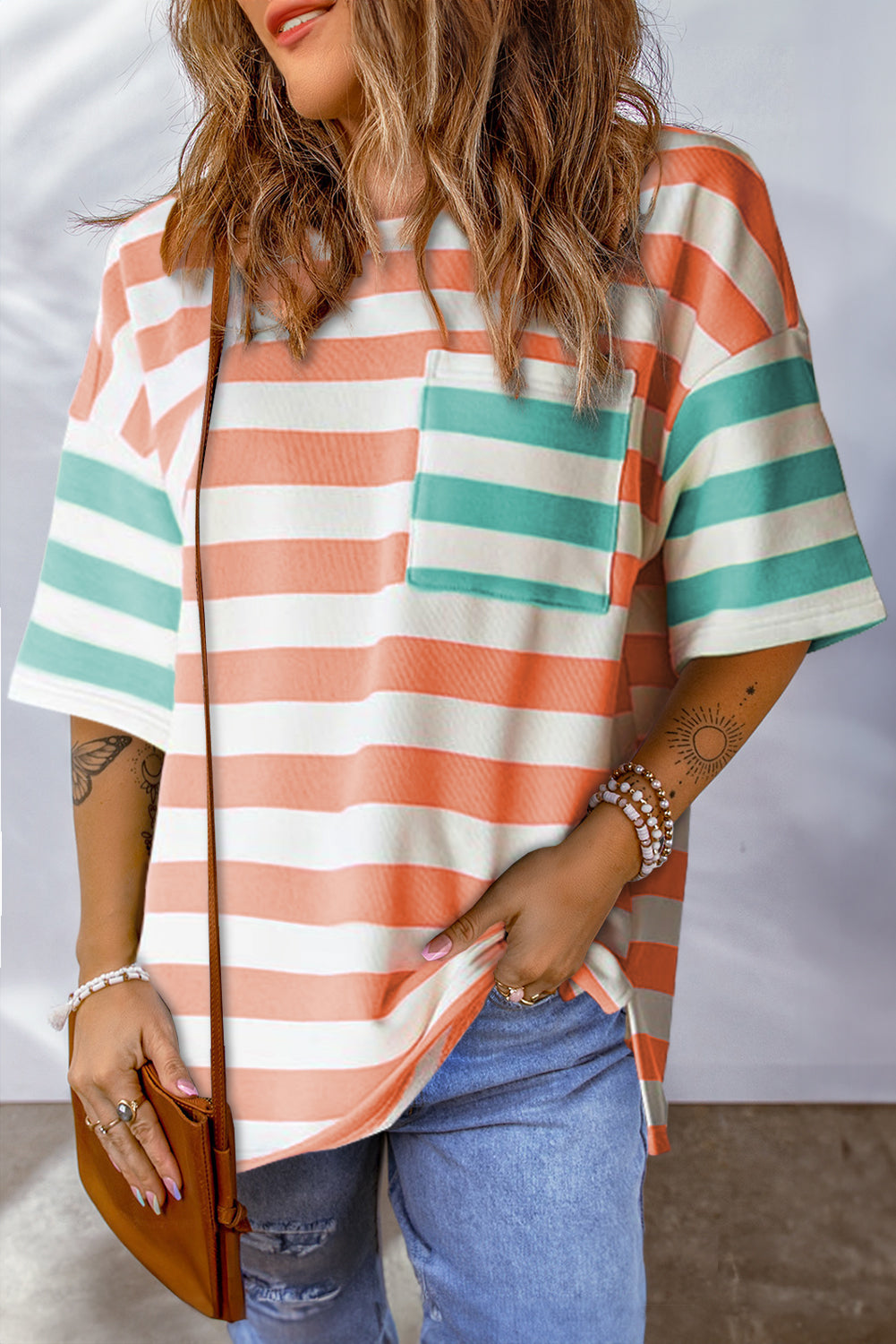 Pink Stripe Patch Pocket Drop Sleeve Slits T Shirt