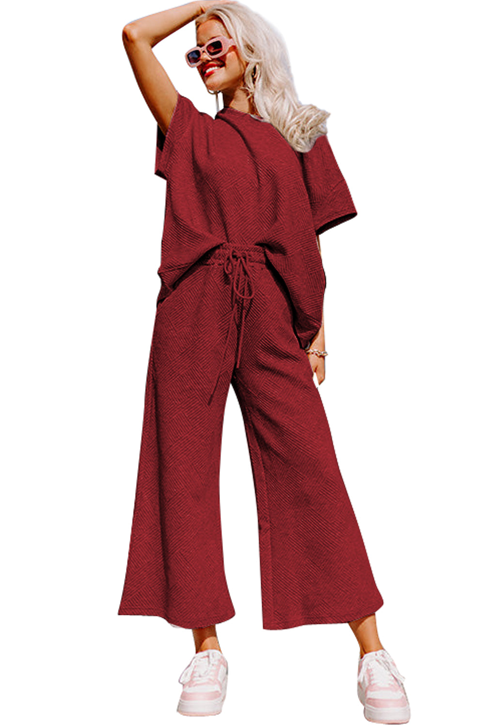 Apricot Textured Loose Fit T Shirt and Drawstring Pants Set