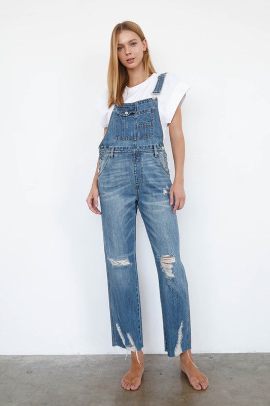 High Waist Ripped Straight Denim Overall Jumpsuit