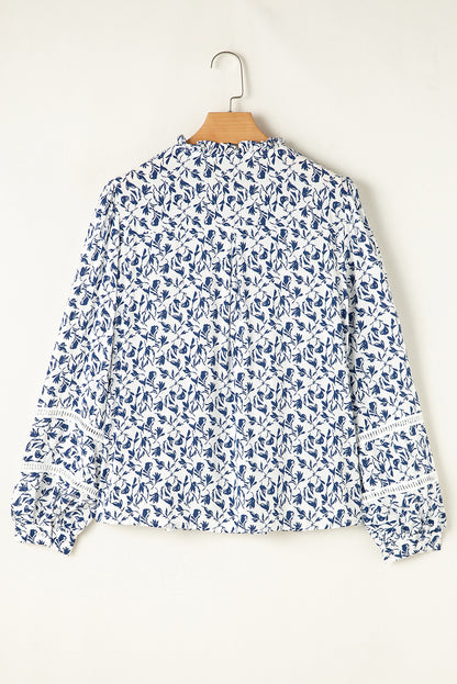 Khaki Printed Floral Print Lace Detail Puff Sleeve Shirt