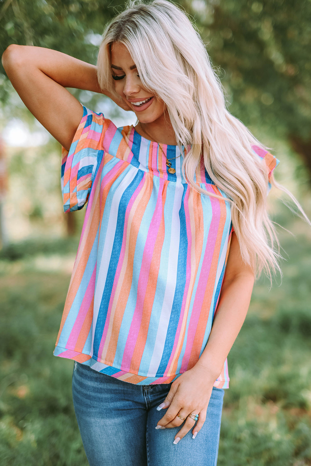 Multicolor Striped Back Button Keyhole Layered Sleeve Blouse