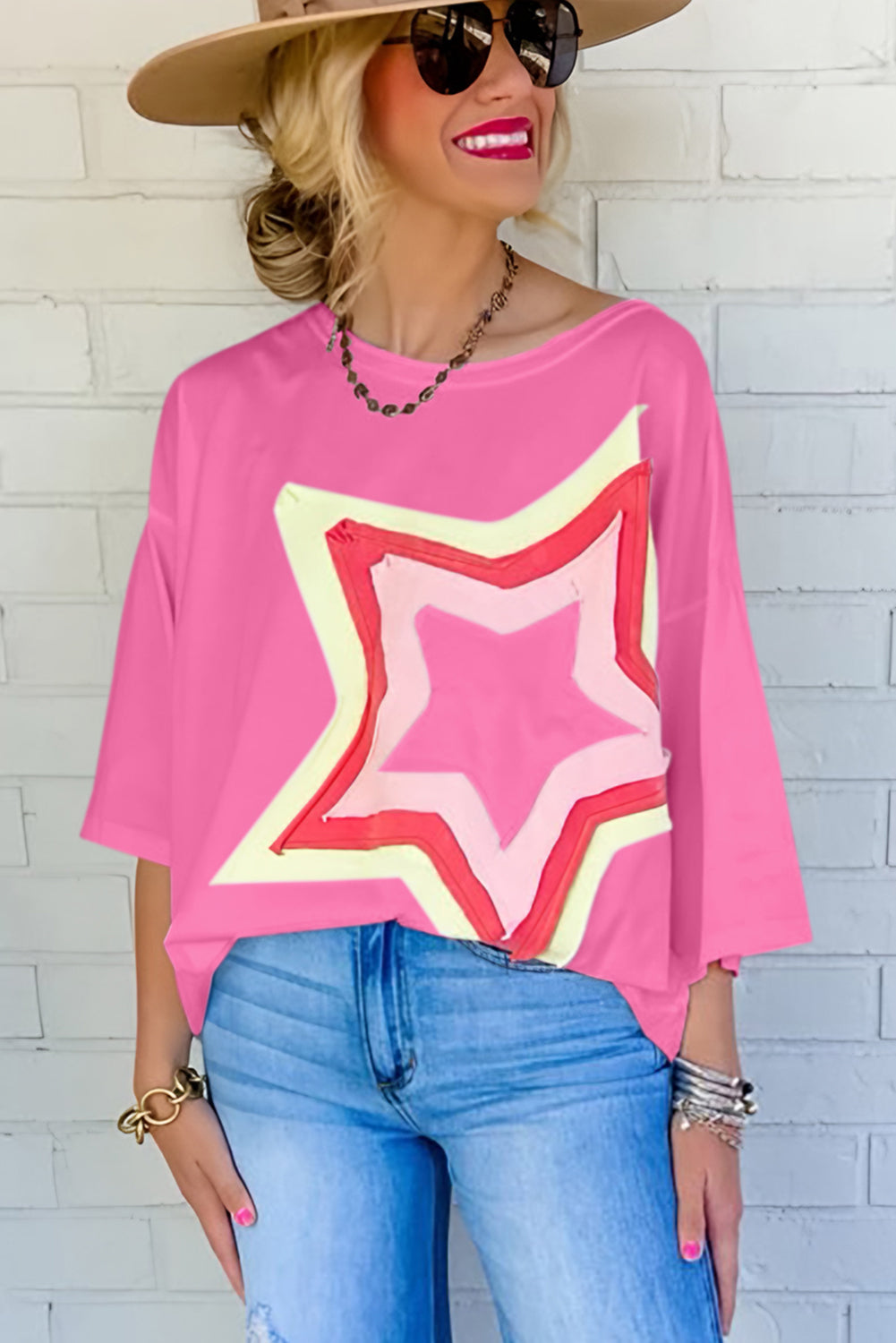 Light Pink Colorblock Star Patched Half Sleeve Oversized Tee