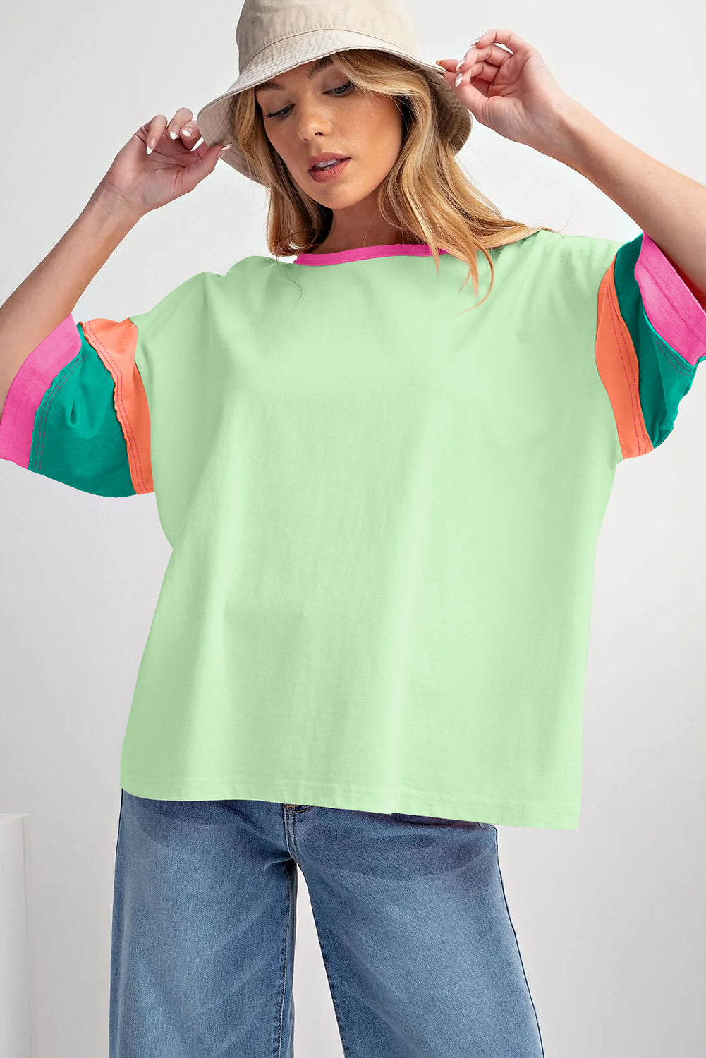 Pink Color Block Sleeve Round Neck Oversize Top