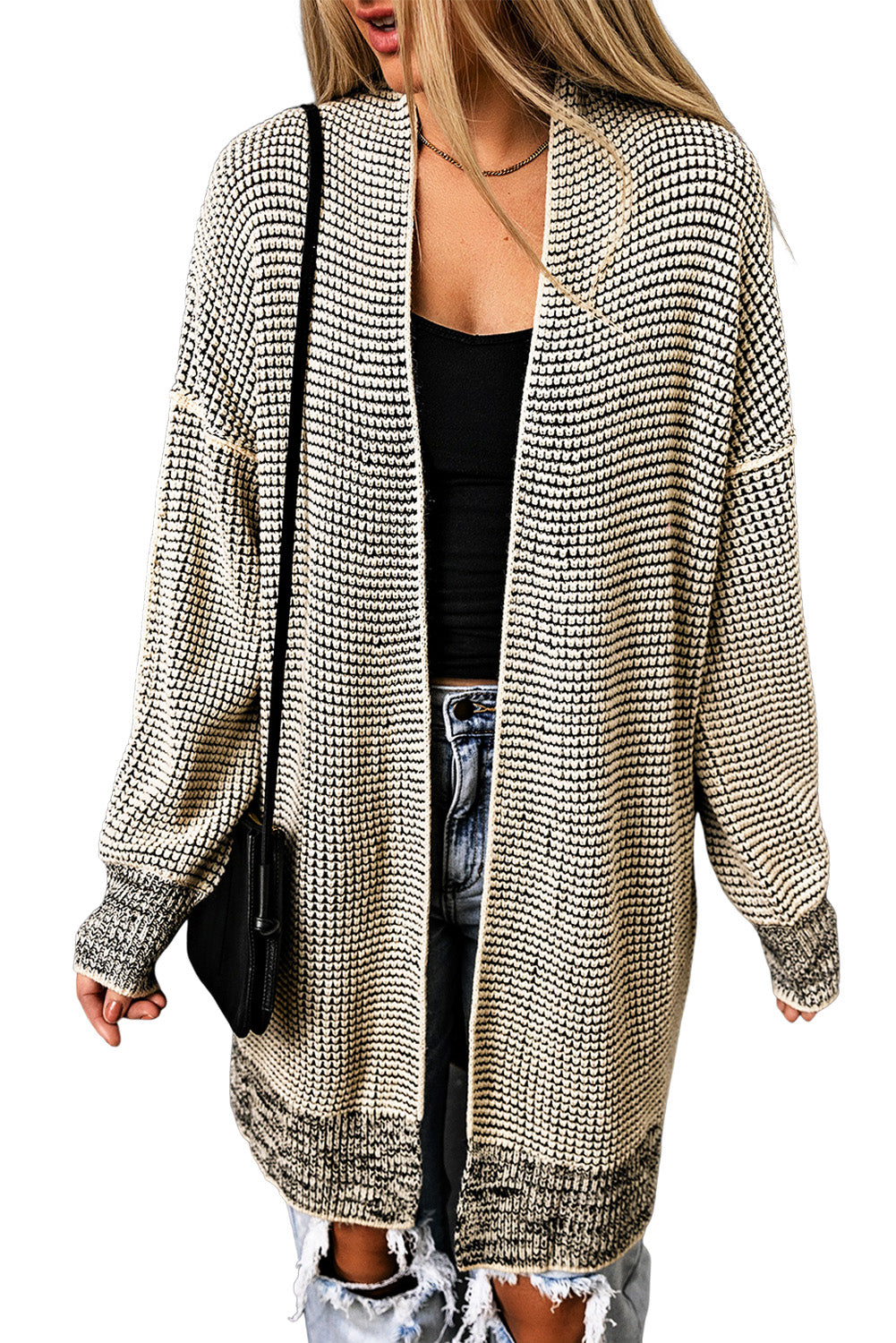 Black Plaid Casual Contrast Trim Knit Cardigan