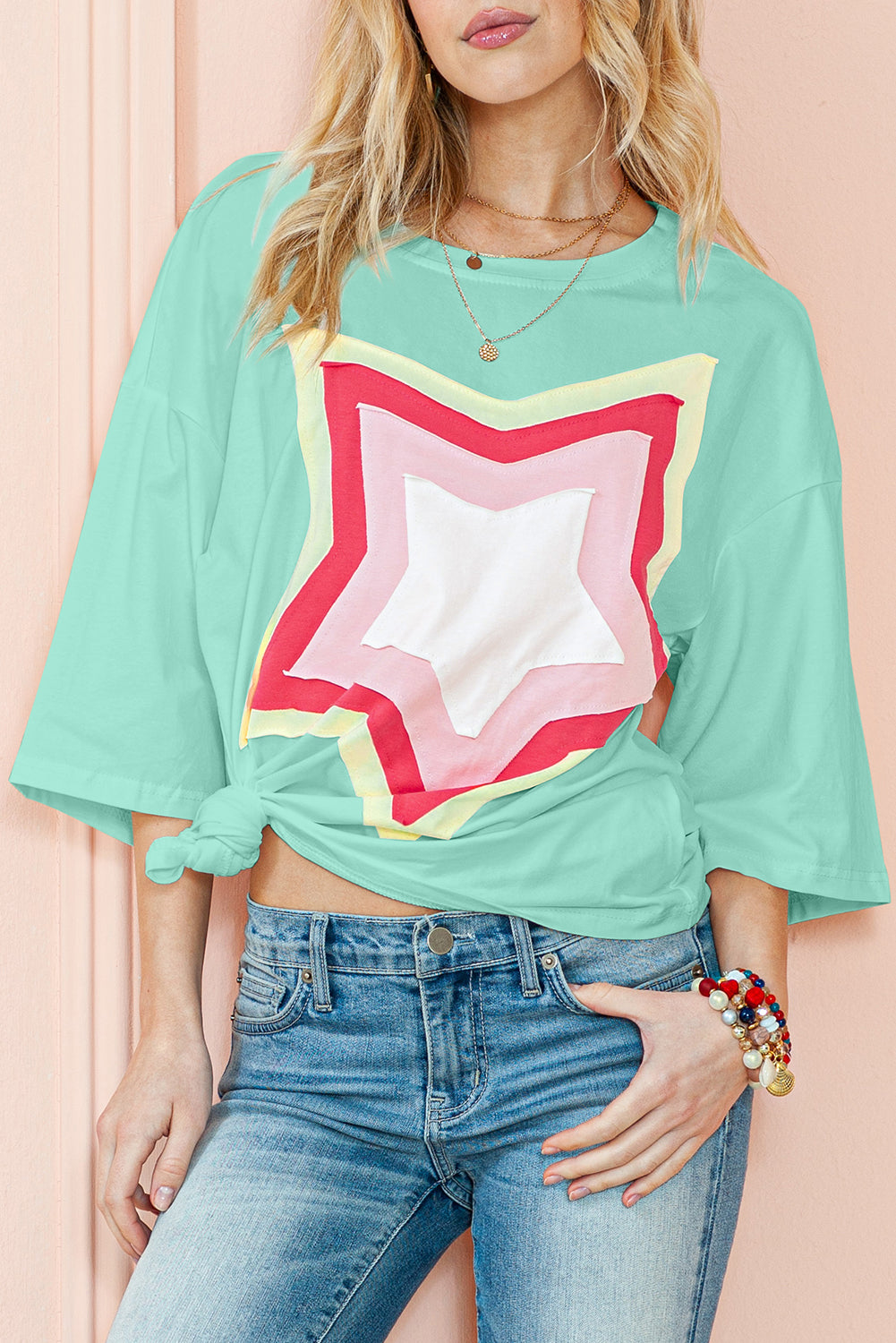 Light Pink Colorblock Star Patched Half Sleeve Oversized Tee