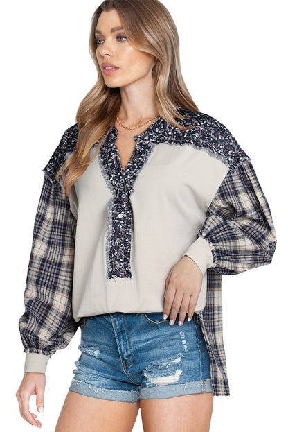 Yellow Floral Plaid Mixed Print Bishop Sleeve Patchwork Top