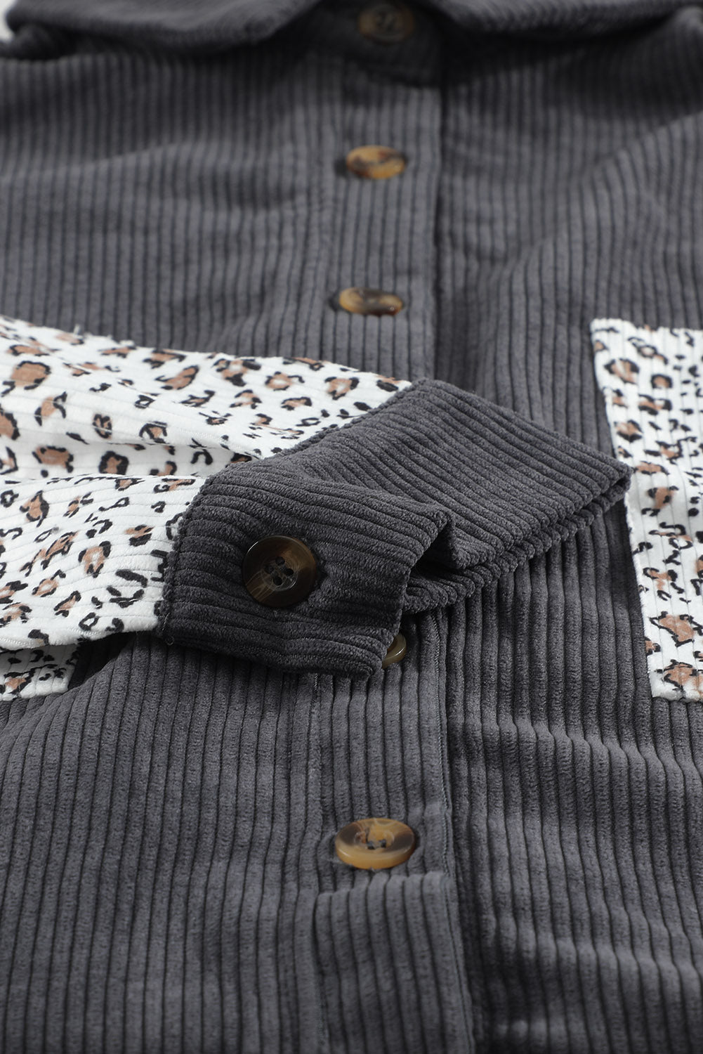 Grey Leopard Patchwork Casual Buttoned Corduroy Shirt Shacket