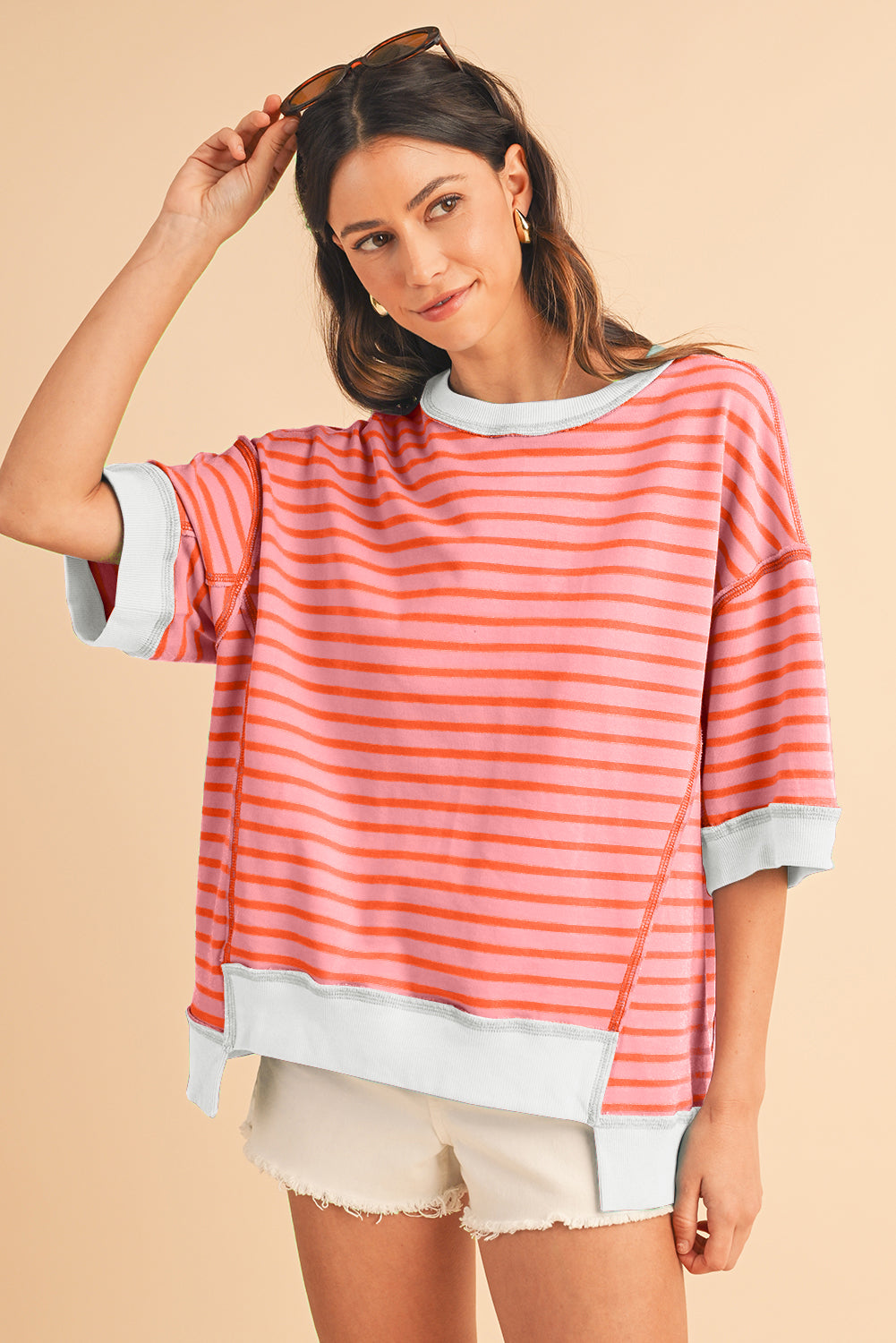 Pink Stripe Colorblock Drop Sleeve Loose Top