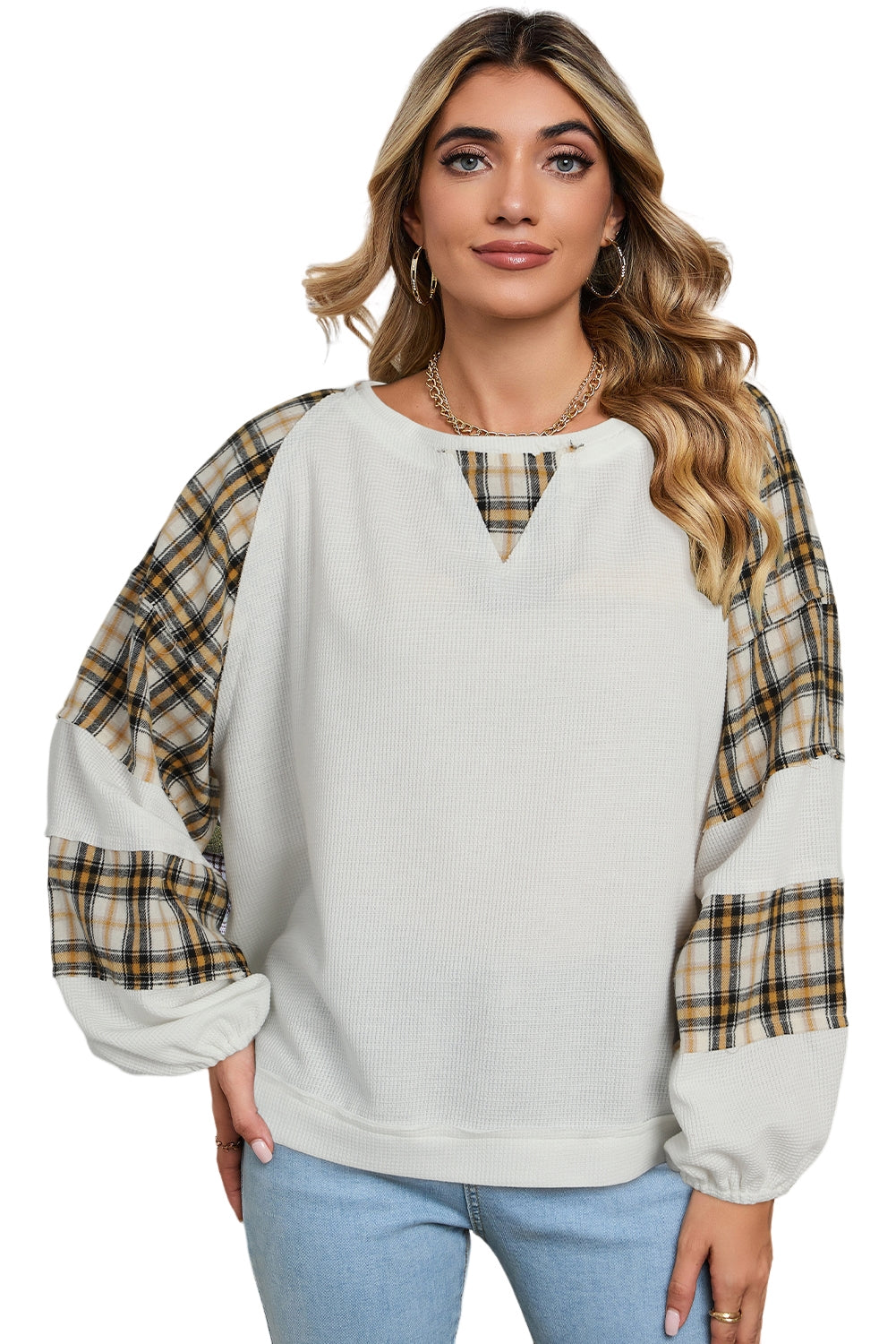 Green Plaid Patch Waffle Knit Long Sleeve Top