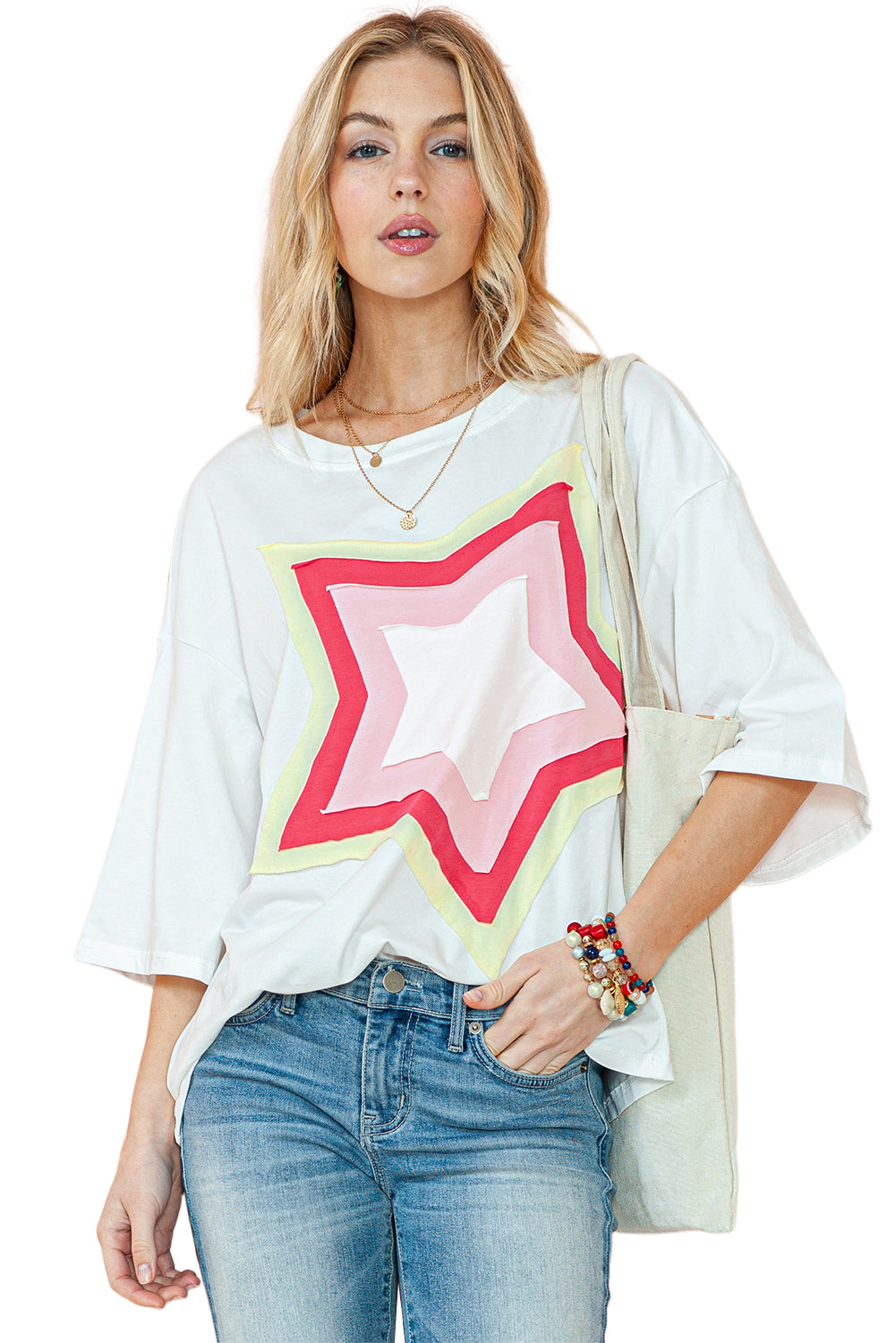 Light Pink Colorblock Star Patched Half Sleeve Oversized Tee