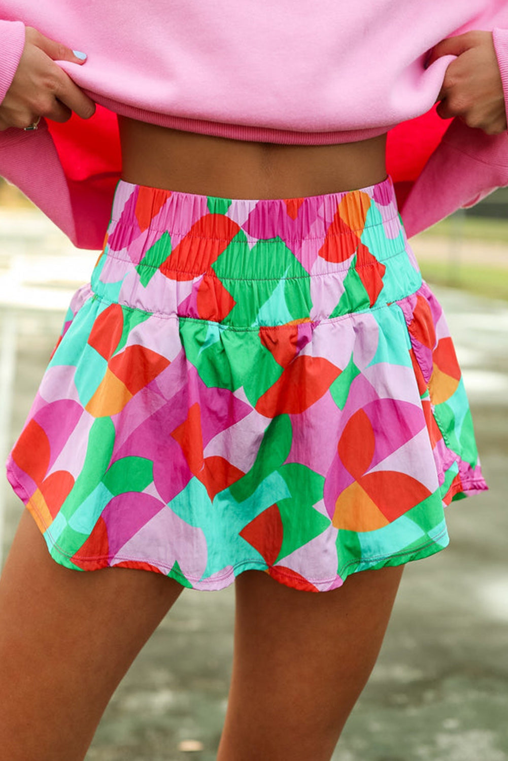 Purple Abstract Print Smocked Waist Flared Shorts