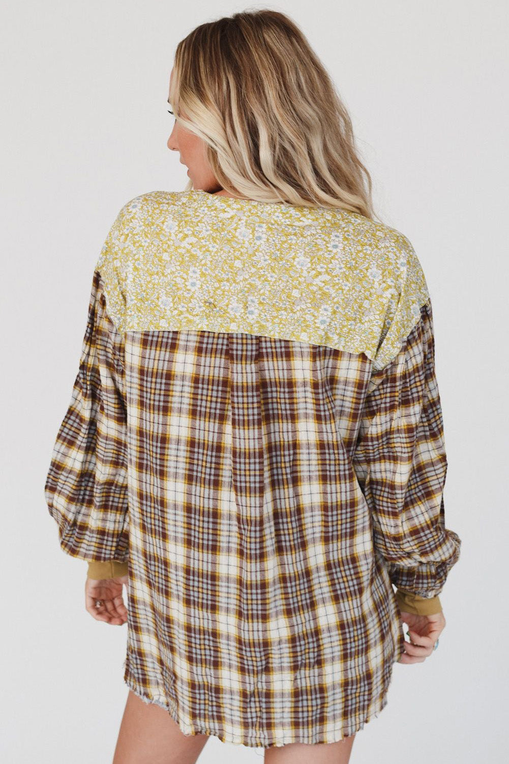 Yellow Floral Plaid Mixed Print Bishop Sleeve Patchwork Top