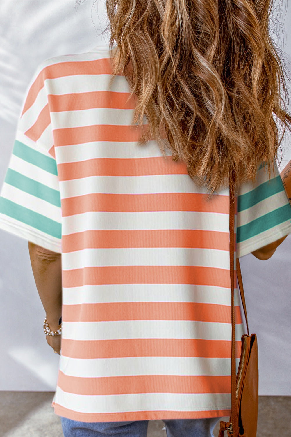 Pink Stripe Patch Pocket Drop Sleeve Slits T Shirt