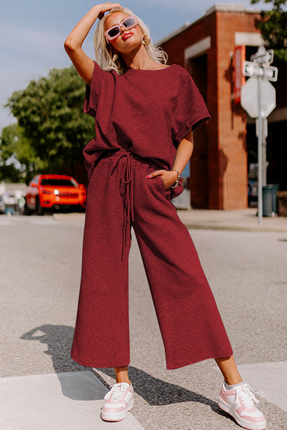 Apricot Textured Loose Fit T Shirt and Drawstring Pants Set
