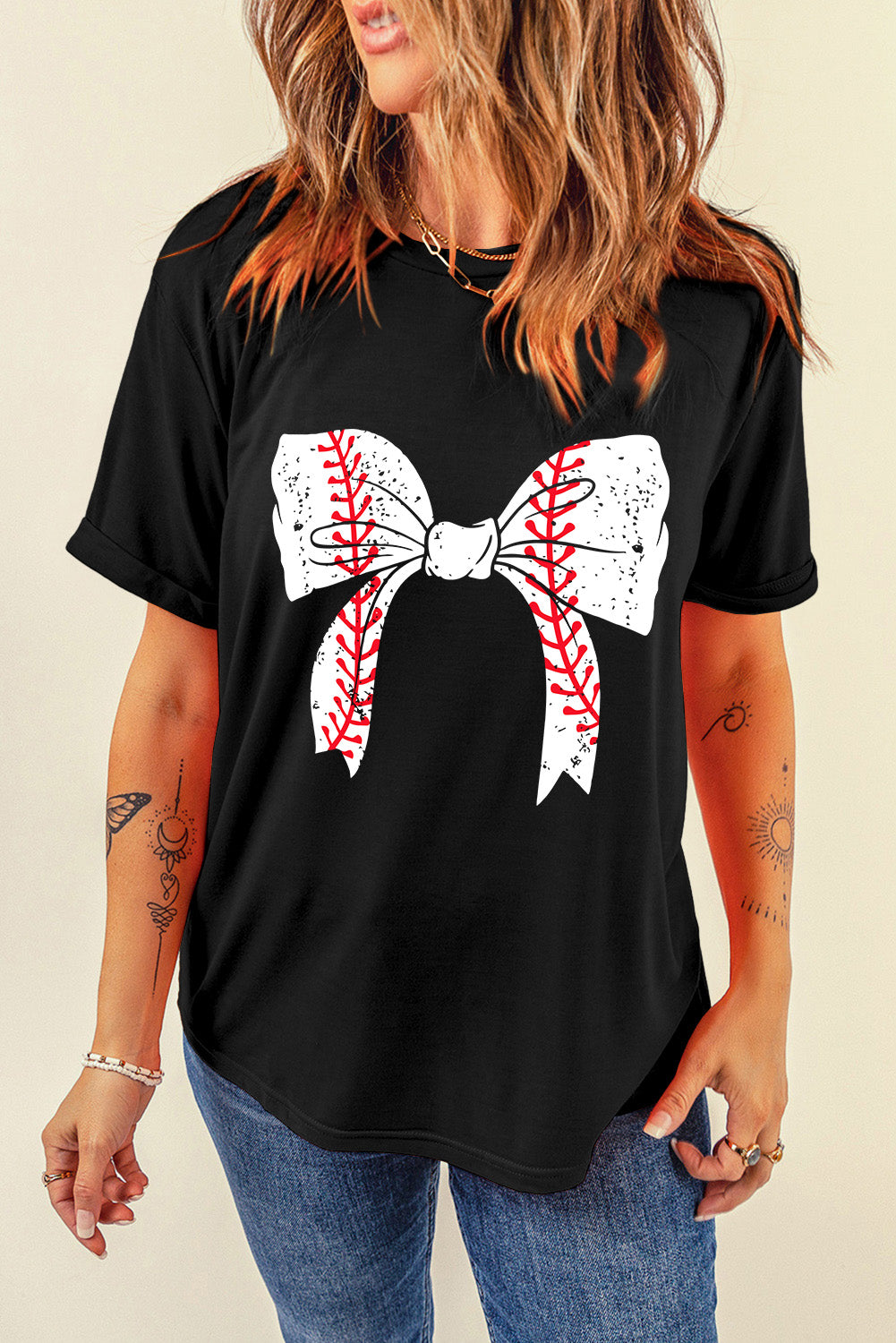 Black Baseball Bowknot Graphic Roll Up Sleeve Tee