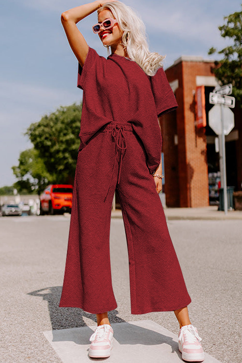Apricot Textured Loose Fit T Shirt and Drawstring Pants Set