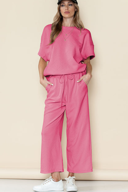 Apricot Textured Loose Fit T Shirt and Drawstring Pants Set