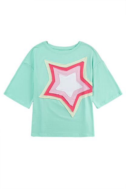 Light Pink Colorblock Star Patched Half Sleeve Oversized Tee