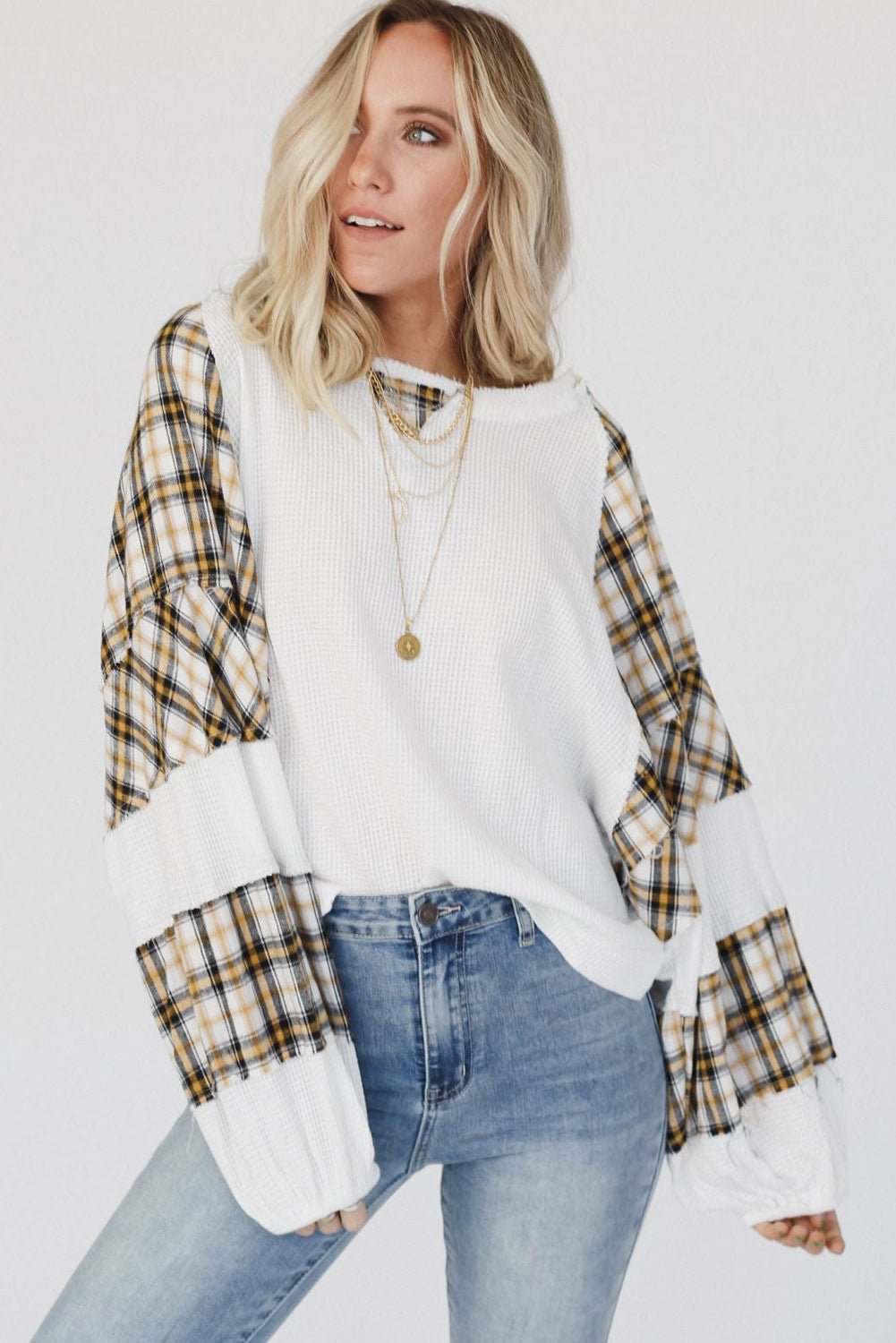 Green Plaid Patch Waffle Knit Long Sleeve Top