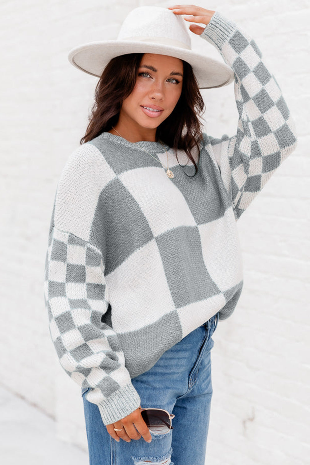 Grey Plaid Knitted Drop Shoulder Loose Fit Sweater