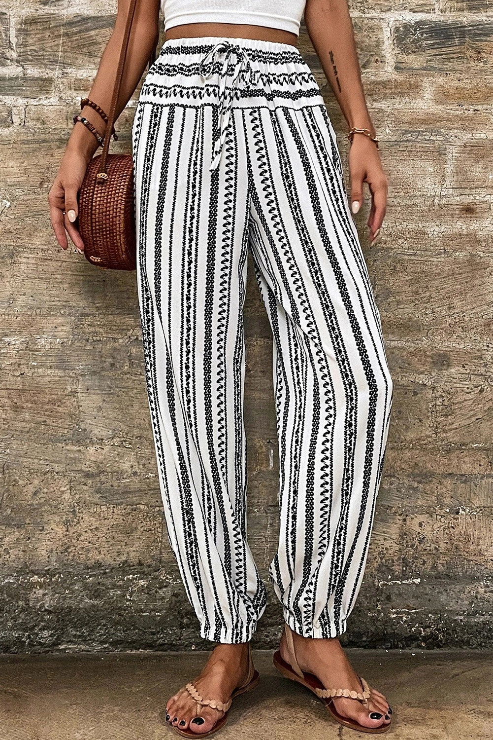 Black Stripe Geometric Print Drawstring Cuff Pants