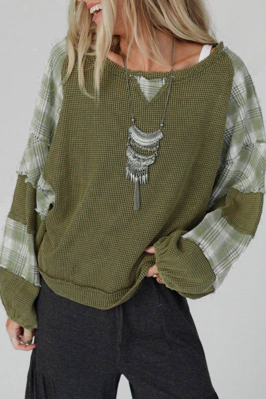 Green Plaid Patch Waffle Knit Long Sleeve Top