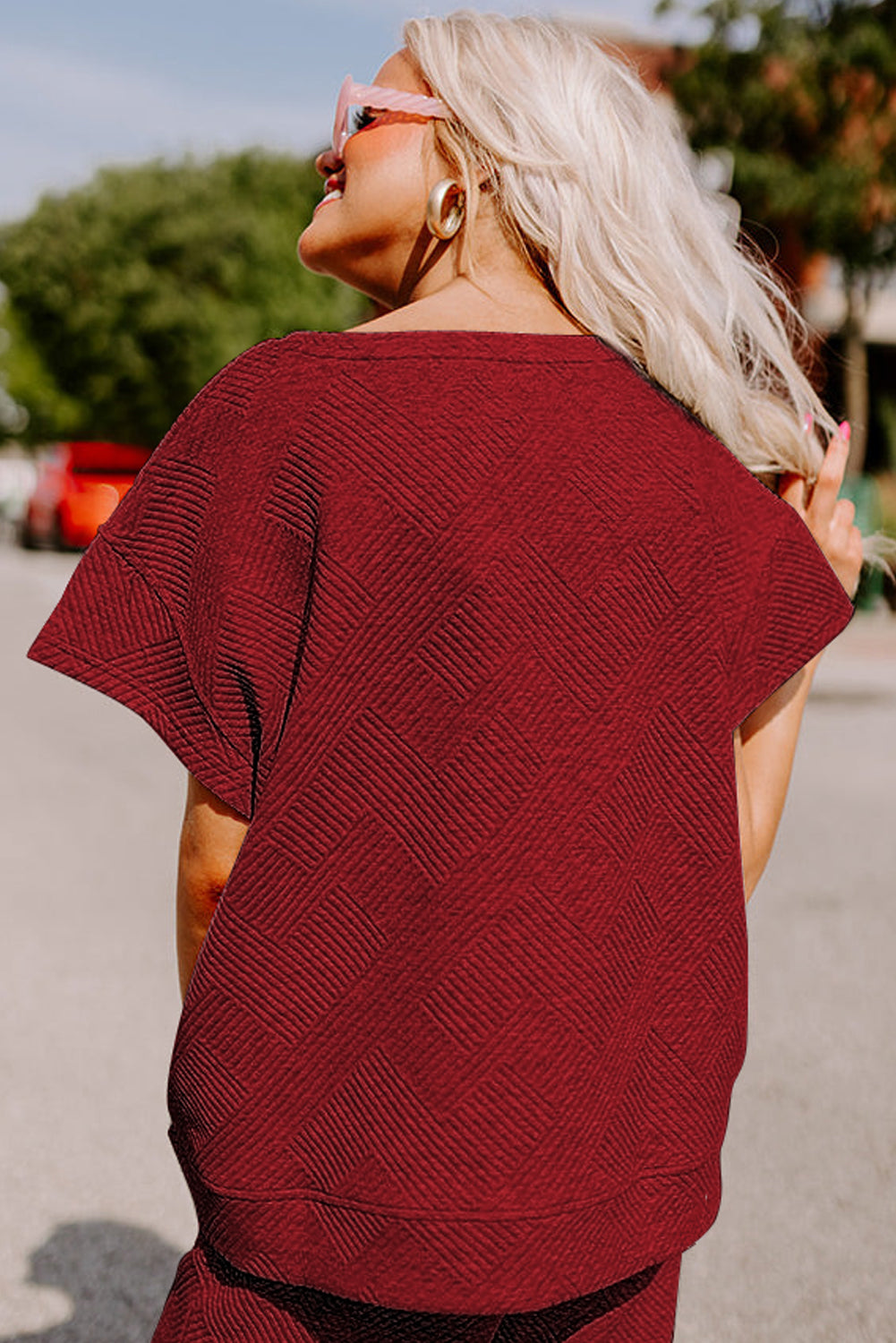 Apricot Textured Loose Fit T Shirt and Drawstring Pants Set