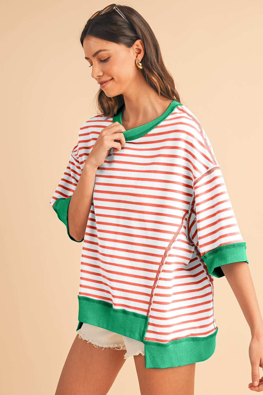 Pink Stripe Colorblock Drop Sleeve Loose Top