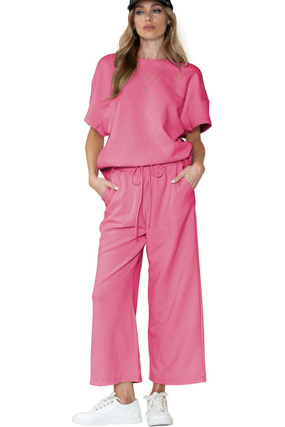 Apricot Textured Loose Fit T Shirt and Drawstring Pants Set