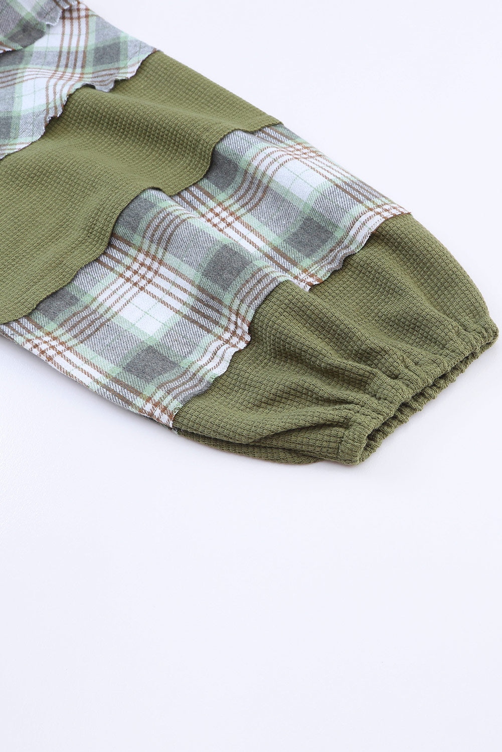 Green Plaid Patch Waffle Knit Long Sleeve Top