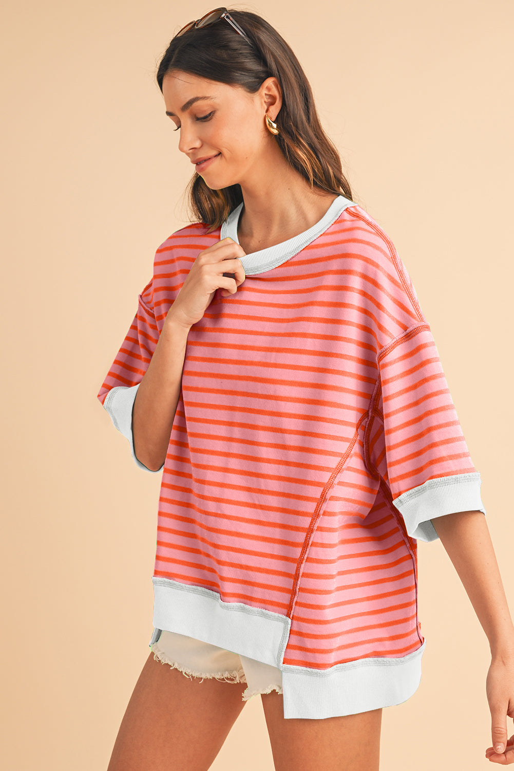 Pink Stripe Colorblock Drop Sleeve Loose Top