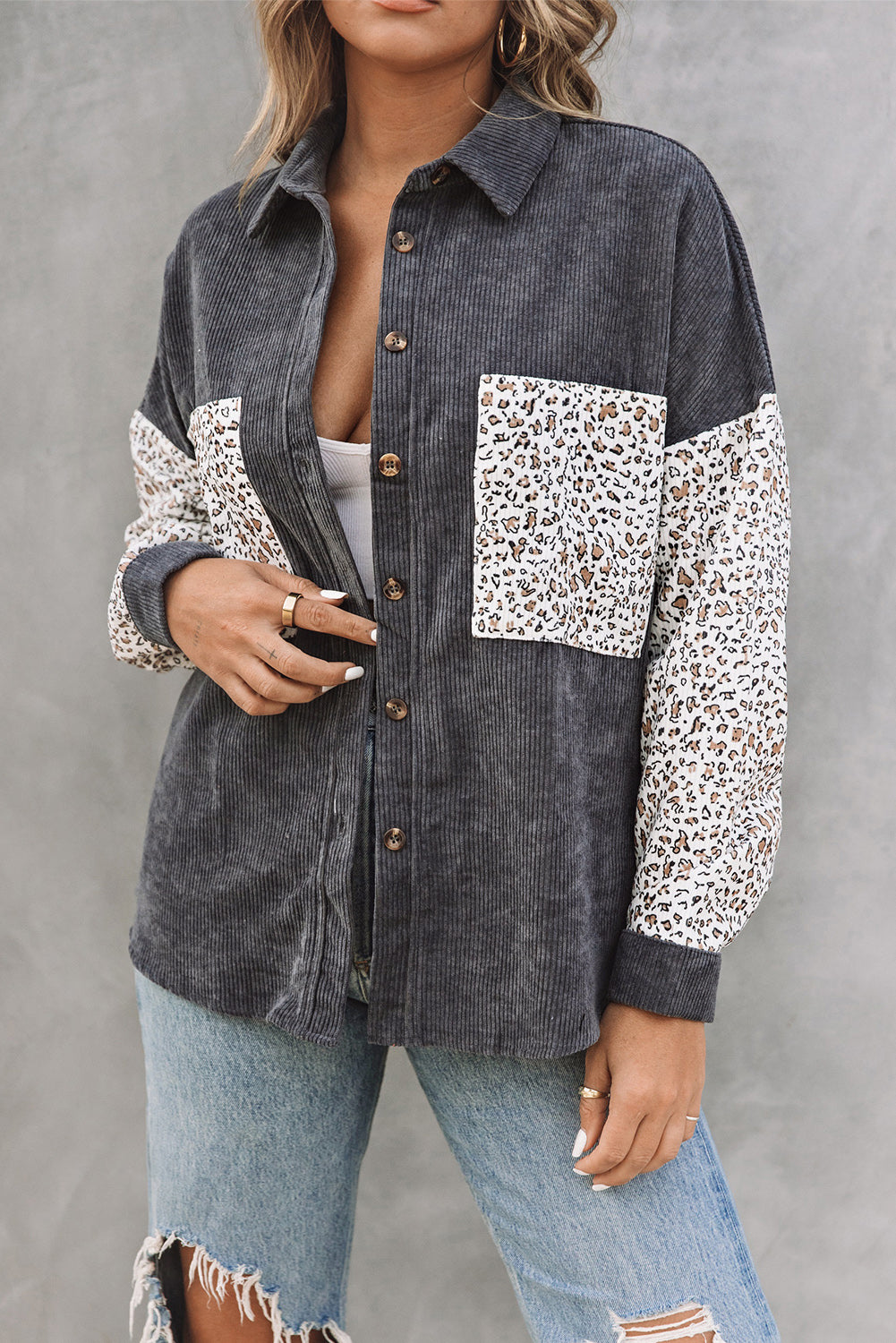 Grey Leopard Patchwork Casual Buttoned Corduroy Shirt Shacket