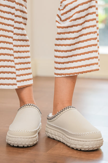 White Contrast Stitch Detail Plush Winter Clog Slippers