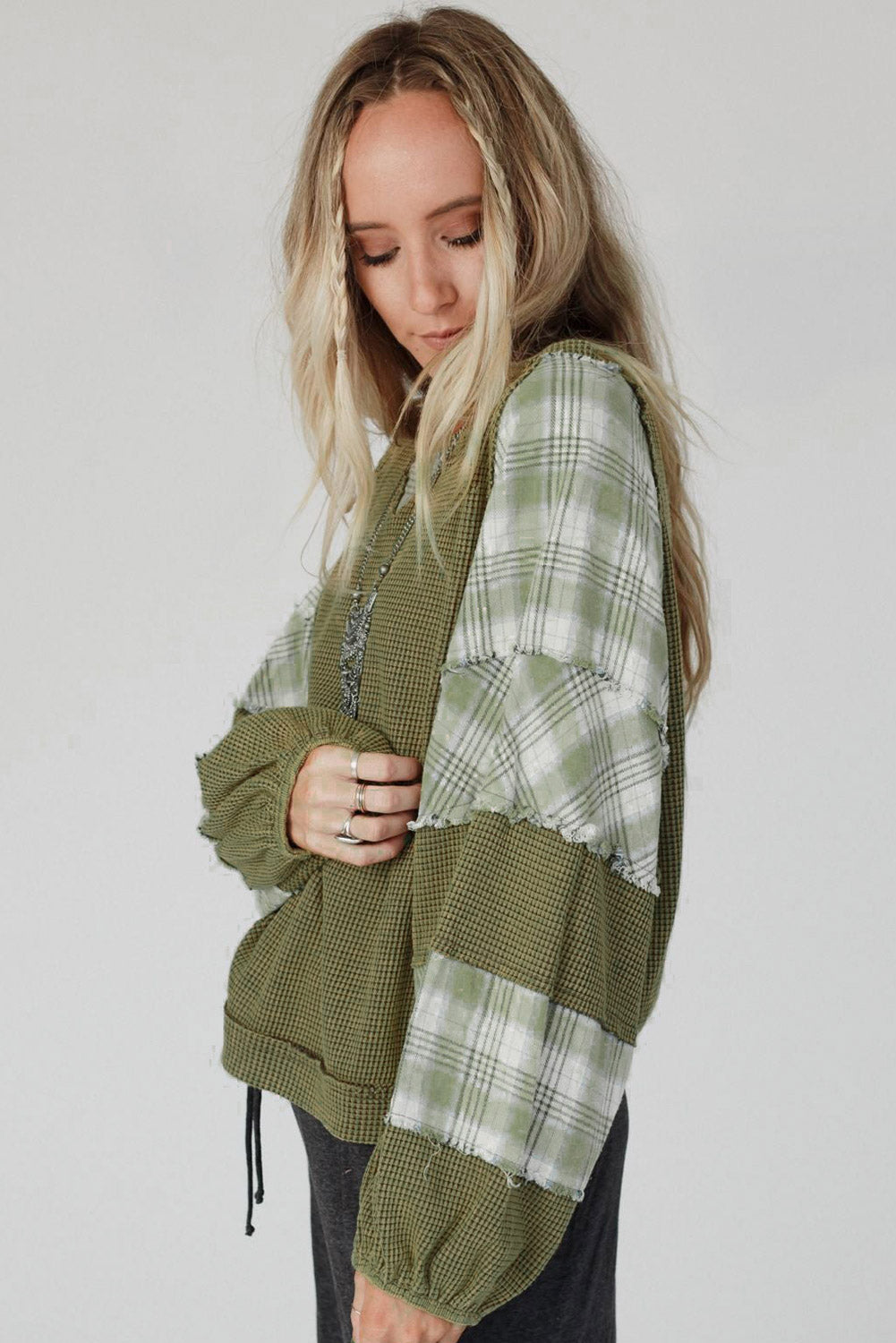 Green Plaid Patch Waffle Knit Long Sleeve Top