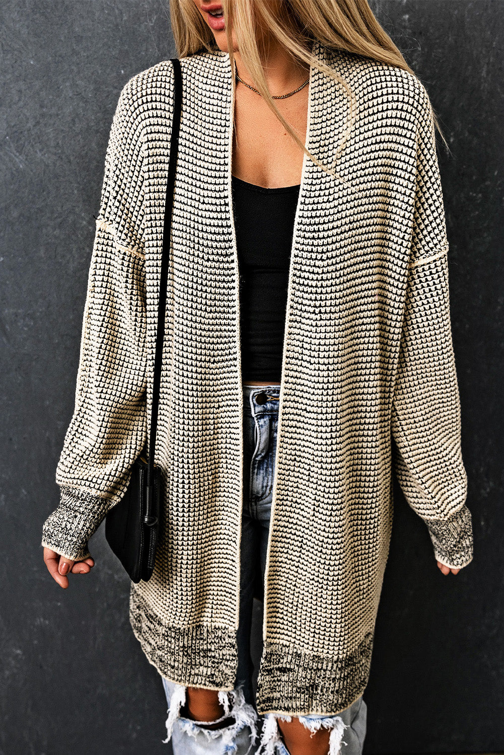 Black Plaid Casual Contrast Trim Knit Cardigan