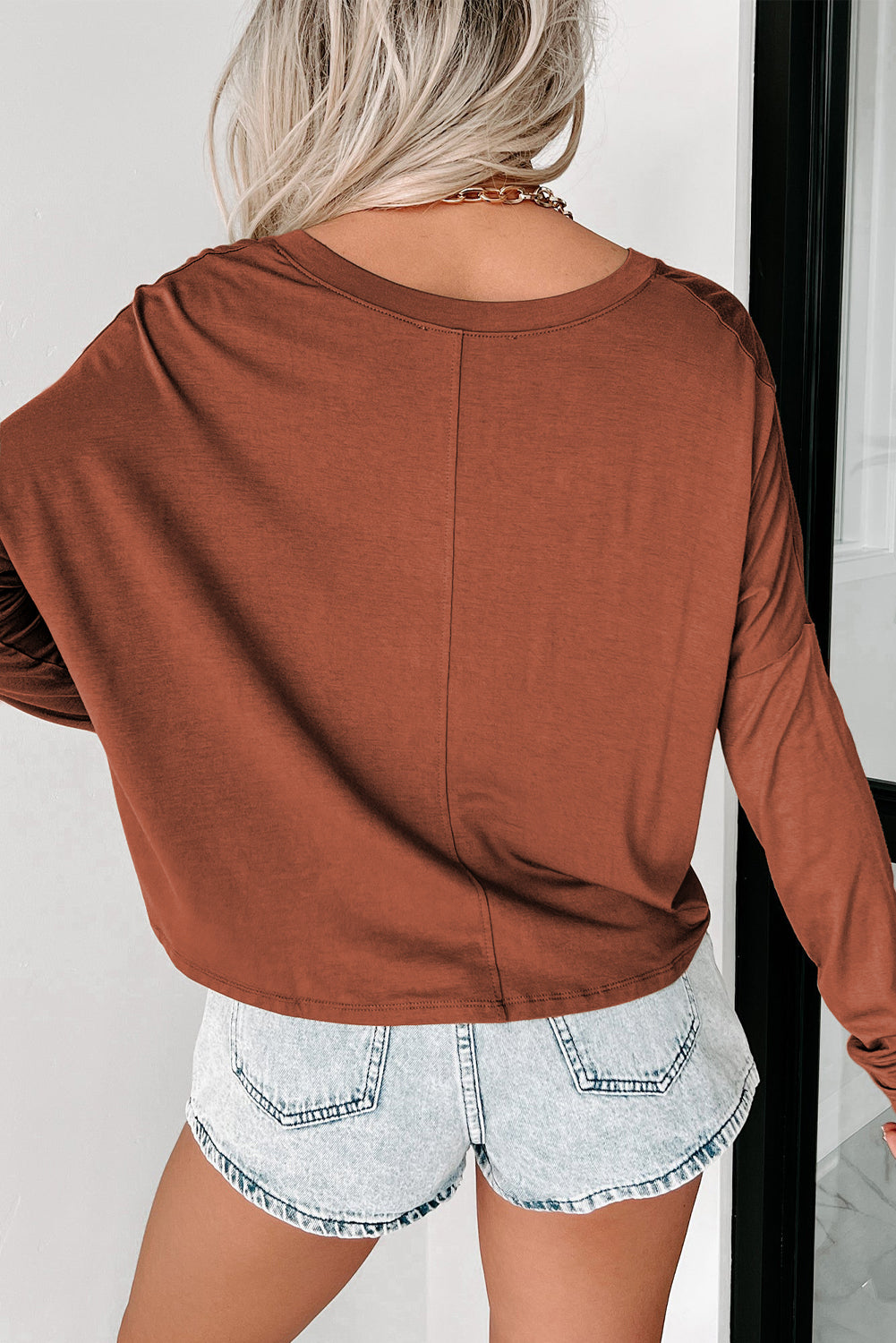 Red Sandalwood Plain Loose V Neck Dropped Sleeve Top