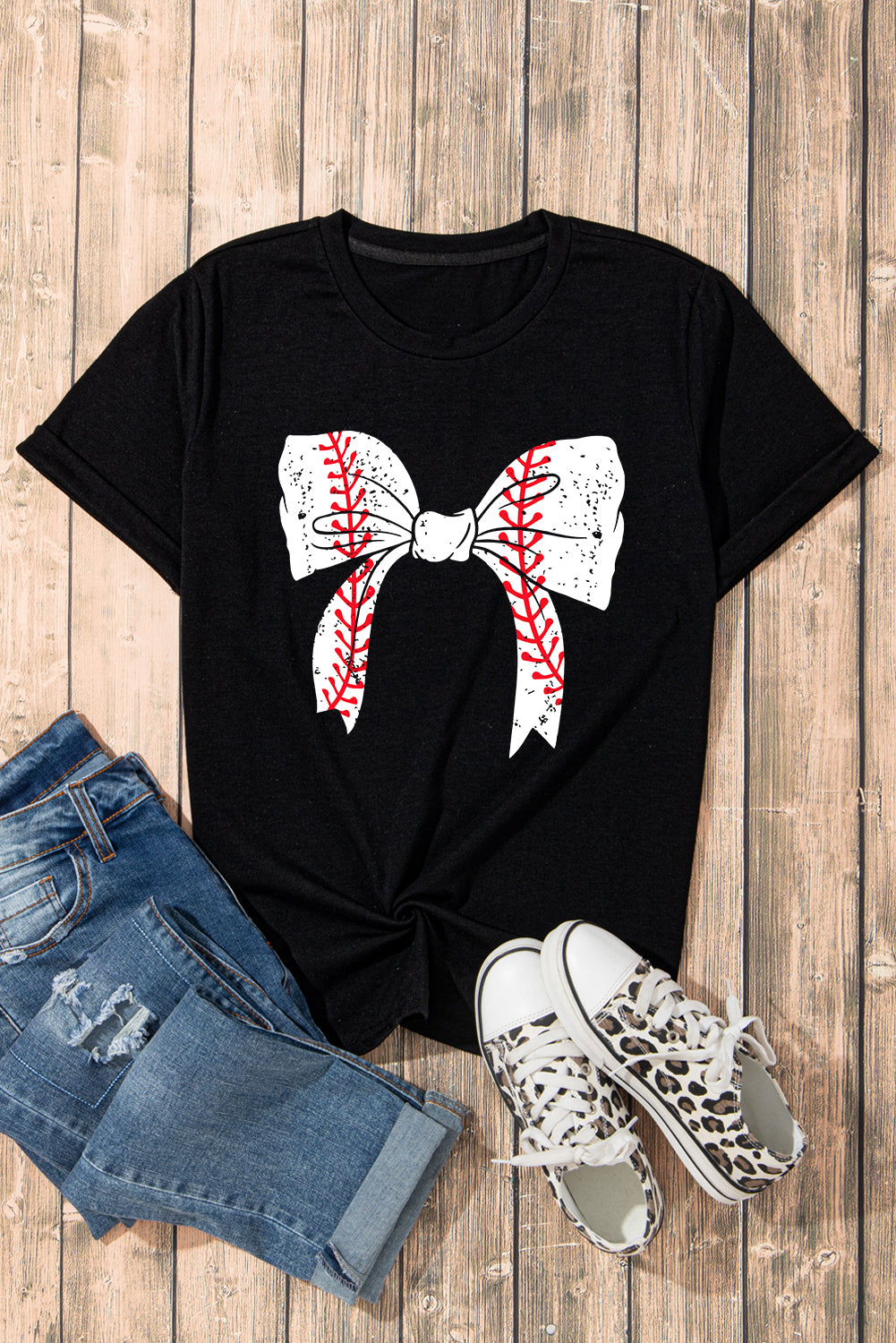 Black Baseball Bowknot Graphic Roll Up Sleeve Tee